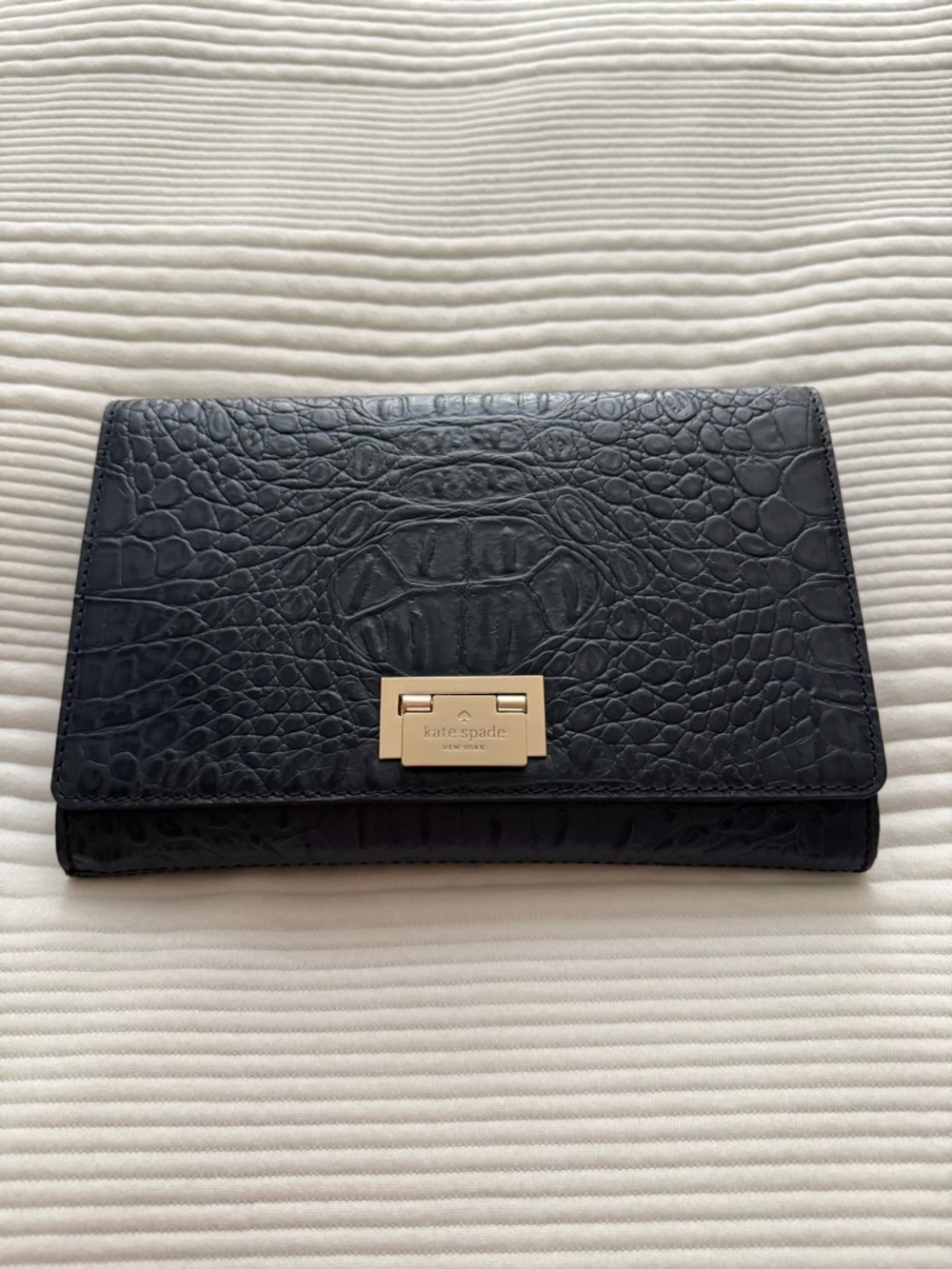 New kate spade Croc-Embossed Leather Flap Clutch with Gold Hardware